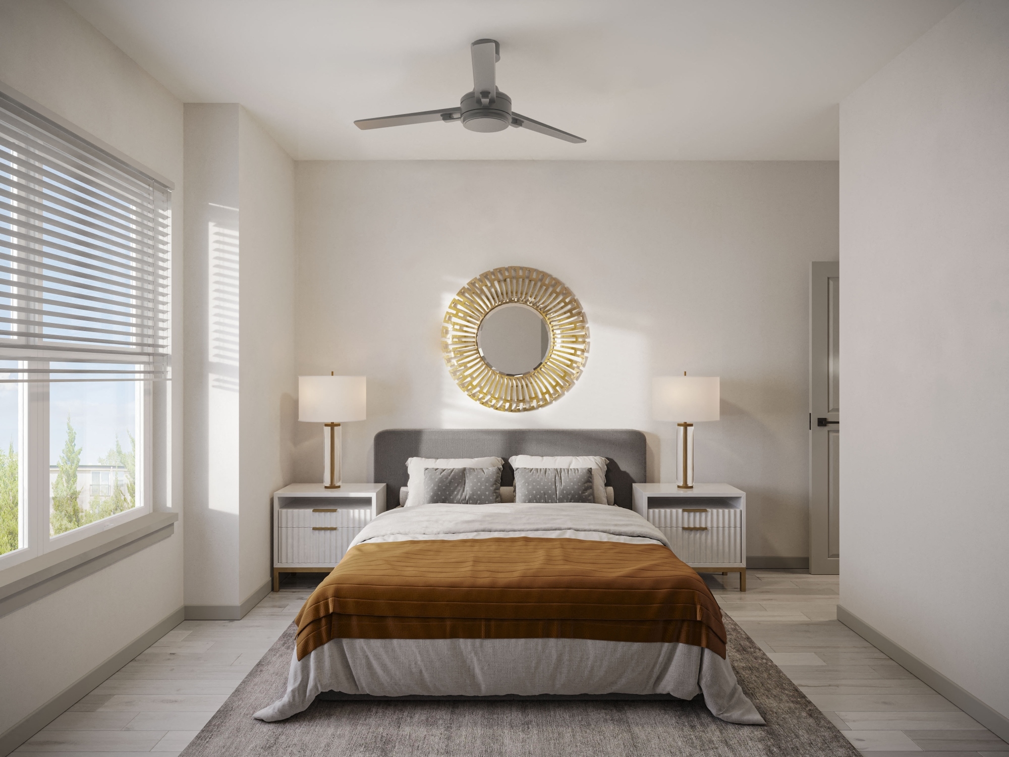 Large bedroom with vinyl flooring, large window and natural lighting and a ceiling fan